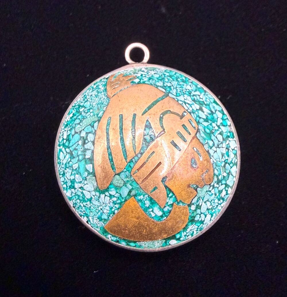 Vintage Mexican Mix Metals & Crushed Turquoise Folk Art Pendant